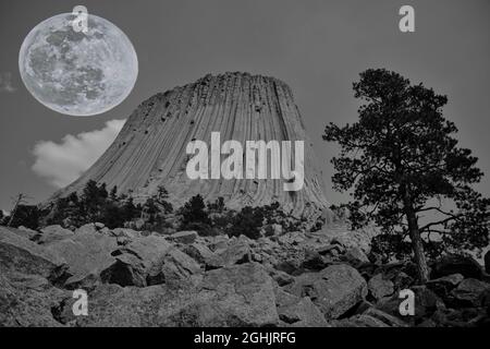 Devils Tower National Monument in Crook County, Black Hills, Wyoming, Es ist beliebt für Tourismus und Klettern. Es ist heilig für die Indianer. Stockfoto