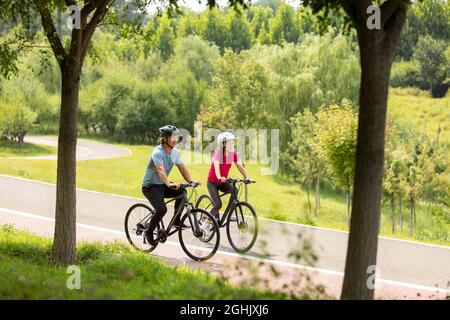 Glückliches reifes Paar, das Fahrräder im Park fährt Stockfoto