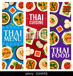 Thai Food Banner mit Gerichten und Mahlzeiten, Thailand Küche Restaurant Abendessen und Mittagessen Menü, Vektor. Thailändische Küche traditionelle Tom Yum-Suppe, Schweinefilet Stock Vektor