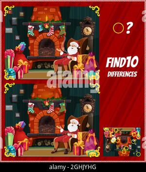 Kinder Spiel finden zehn Unterschiede mit Santa Claus am Kamin. Vektor Cartoon Weihnachtsfigur in dekorierten Raum mit Geschenkboxen und Weihnachtsdekor. Ed Stock Vektor