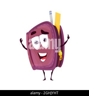 Cartoon nette Schule Bleistifttasche oder Bleistift-Box Charakter. Schule-Box oder Fall glücklich lächelndes Maskottchen mit kleben von Reißverschluss Stift und Lineal, Schüler acce Stock Vektor