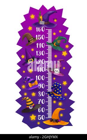 Kinder Höhendiagramm Halloween Hexe und Zauberer Hüte Wachstumsmesser. Cartoon Vektor Wandaufkleber Design mit lustigen Zauberer Kappen. Körpergröße der Kinder Stock Vektor