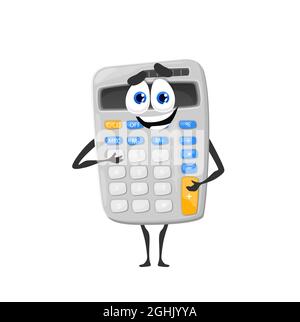 Cartoon nette Schule Rechner Charakter. Elektronisches Zubehör für Büro- oder Schulstudenten zur Finanzberechnung oder Mathematik. Schreibwaren lustige Vektor masco Stock Vektor