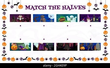 Finde zwei Hälften Vektor Halloween Kinder Labyrinth-Spiel. Pädagogische Matching-Spiel, Logik-Puzzle oder Rätsel, Arbeitsblatt Vorlage von Connect Bilder mit cartoo Stock Vektor