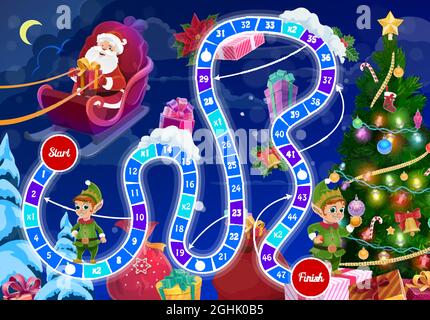 Kinder Weihnachten Brettspiel mit Santa und Elfen. Kinder spielen Aktivität, Kinder Winterurlaub Rollen und bewegen Brettspiel mit Santa Claus fliegen in sle Stock Vektor