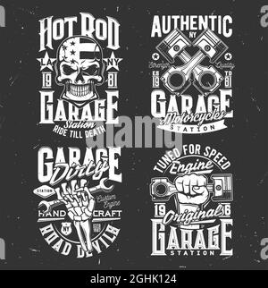 Skull, Motorrad Biker Garage und benutzerdefinierte Chopper Vektor-T-Shirt-Drucke. Totenkopf in amerikanischer Flagge Helm, Motorrad Biker Fahrer Club Emblem, Skelett Stock Vektor