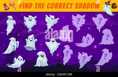 Halloween Kinder Labyrinth, finden Sie die richtige Geist Schatten Vektor Match-Spiel. Cartoon gruselige Phantomfiguren auf dem Friedhof. Kinder Logik Aktivität, educatio Stock Vektor