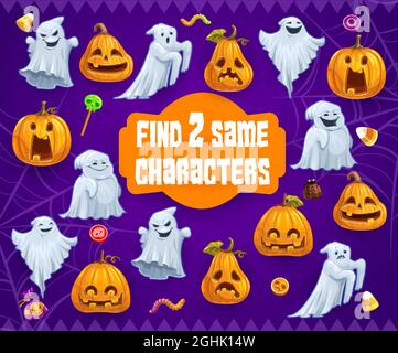 Halloween Kinder Rätsel Spiel finden zwei gleiche Geister und Kürbisse Vektor Labyrinth mit niedlichen Monster. Cartoon Brettspiel mit lustigen Charakteren spooks, Jack-o-la Stock Vektor