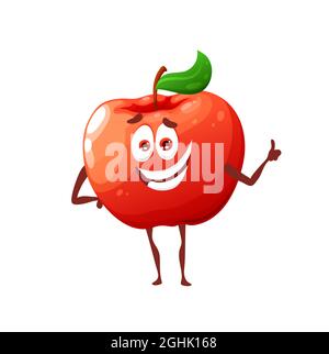 Cartoon roh roten Apfel niedlichen Charakter. Reife Bauernhof Frucht lustige Vektor Maskottchen, glücklich lächelnd Apfel Charakter mit Blatt, isoliert niedlichen Persönlichkeit zeigt th Stock Vektor