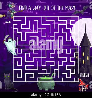 Halloween Nacht Labyrinth Labyrinth Kinder Spiel mit gruseligen Zeichen. Vektor-Puzzle, Kinder Aufgabe, finden richtigen Weg Brettspiel mit Geistern bei Haunted Cast Stock Vektor