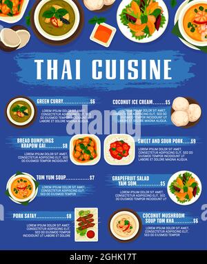 Thailändische Küche, thailändische Gerichte und Mahlzeiten, Vector Restaurant Mittag- und Abendessen. Thailändische traditionelle Tom Yum-Suppe, grünes, grünes, saftes Schweinefleisch, Grap Stock Vektor
