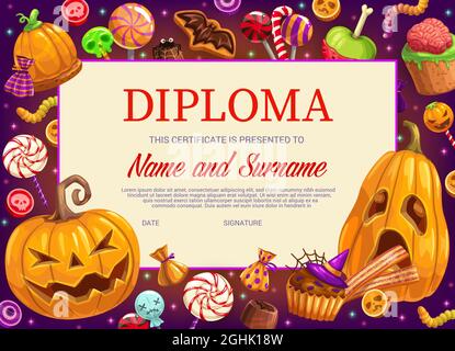 Kinder Diplom oder Bildungszertifikat mit Vektor Hintergrund Rahmen von Halloween Kürbisse und Trick or Treat Süßigkeiten. Gewinner Anerkennung Auszeichnung und ach Stock Vektor