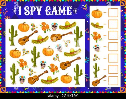 Ich spioniere Spiel. Dia de los muertos Urlaubssymbole. Kinder rätseln mit Zählen und Finden der gleichen Objekte Aufgabe. Mexikanischer Tag der Toten Süßigkeiten Schädel, Ringelblume ein Stock Vektor