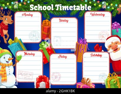 Schulplan, Zeitplan oder Schulungsplaner mit Vektor Hintergrund Rahmen von Weihnachtsbaum, Weihnachtsmann und Weihnachten Geschenkboxen. Wochenstudienplan des Studenten Stock Vektor