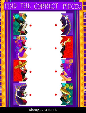 Finden Sie die richtige Hälfte, mexikanischen Urlaub Kinder Labyrinth mit Vektor-Schädel von Dia de los Muertos. Bildung Spiel, passende Puzzle oder Logik Rätsel mit Stücken Stock Vektor