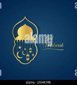 Elegante und luxuriöse goldene Grafik Eid Mubarak mit islamischer Dekoration auf blauem Hintergrund. Moderne Vektor Moschee Illustration Design Stock Vektor