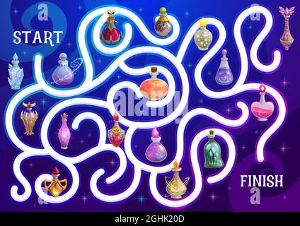 Halloween Labyrinth oder Labyrinth-Spiel mit Vektor Zaubertrank Flaschen. Kinder Bildung Puzzle der richtigen Weg durch Cartoon Gift, Liebestrank oder elix zu finden Stock Vektor