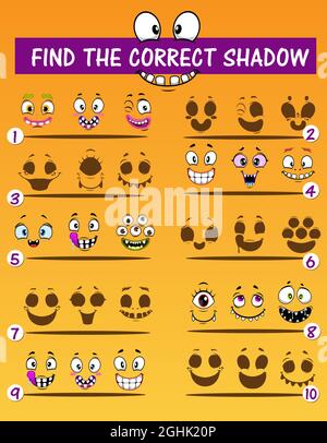 Kinder Schatten Match-Spiel mit Monstern Gesichter. Kinder Puzzle Rätsel, Kind spielen Aktivität mit Silhouetten passende Aufgabe. Niedliche Kreaturen, Cartoon mon Stock Vektor