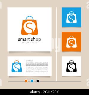 Kreative Idee Smart Shop Logo Design. Blau-orangefarbener Symbol- und Symbolgestaltungs-Vektor mit Kombination aus Buchstabe S und Papiertüte Stock Vektor