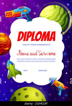 Cartoon Pistole Blaster und Galaxie Weltraum-Planeten auf Kinder Diplom. Kindergarten Diplom Vektor-Vorlage, Kindererziehung Zertifikat Vorlage mit Fantasie Stock Vektor
