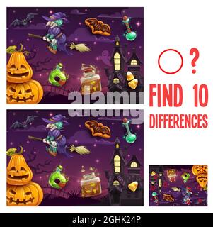 Finde Unterschiede Kinder halloween Spiel oder Rätsel. Pädagogische Aktivitäten für Kinder, pädagogische Übungen mit Details vergleichen die Spielaufgabe. Mit auf Besen, Hal Stock Vektor