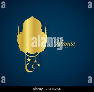 Elegante und luxuriöse goldene Grafik der islamischen Dekoration mit Sternen und Halbmond auf blauem Hintergrund. Moderne Vektor Moschee Illustration Design Stock Vektor