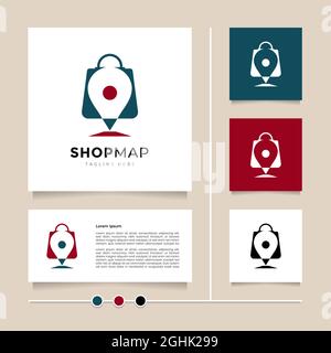 Kreative Idee Shop Map Logo Design. Blau-rotes Symbol und Symbol-Design-Vektor mit Kombination aus Papiertüte und Kartenstift Stock Vektor