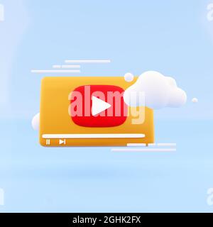 3d-Render-Videoplay-Symbol mit Wolke auf blauem Hintergrund. 3d Rendering vedo play Symbol und Wolke Illustration Stockfoto