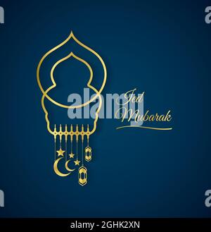 Elegante und luxuriöse goldene Grafik Eid Mubarak mit islamischer Dekoration auf blauem Hintergrund. Moderne Vektor Moschee Illustration Design Stock Vektor