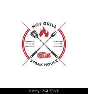 Steak House rustikales Logo Emblem, Vintage Retro Countryside BBQ Grill Vektor Illustration Symbol Stock Vektor