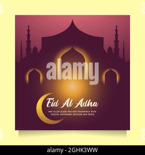 Happy Eid al adha begrüßt Social-Media-Beiträge in Gold und Violett. Square Vektor-Illustration islamischer Hintergrund mit schönen & einzigartigen Moschee Stock Vektor