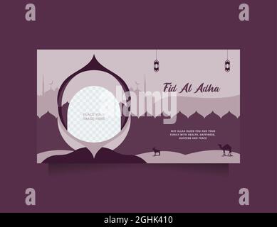 Eid al adha Social-Media-Post- & Banner-Vorlage mit modernem Lila. Begrüßung & Promotion Design islamischer Hintergrund mit schöner und einzigartiger Moschee Stock Vektor