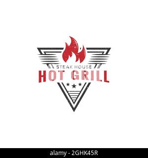 Hot Grill Barbecue Logo Design Vektor, Steak House Restaurant Schild Symbol mit Vintage rustikalen Stil Stock Vektor