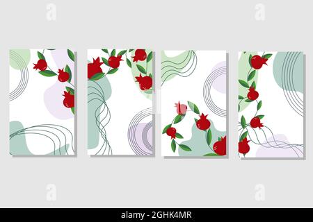 Set von Karten mit Granatäpfeln und abstrakten Punkten. Früchte und grüne Blätter. Stock Vektor