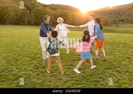 Glückliche Familie spielt auf der Wiese Stockfoto