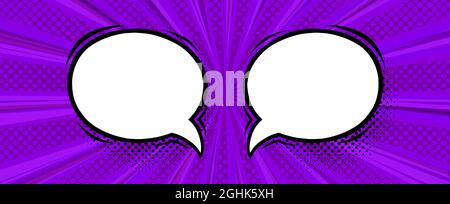 Sprechblasen im violetten Halbtonhintergrund. Runde Sprechblasen im Comic-Stil. Vektorgrafik Stock Vektor