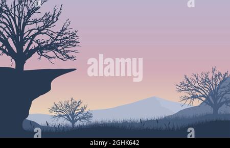 Eine schöne Aussicht auf die Berge vom Dorf bei Sonnenaufgang mit fantastischen trockenen Baumsilhouetten. Vektordarstellung einer Stadt Stock Vektor
