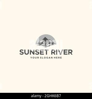 Modernes Hotel mit Mountain River Sunset Logo-Design Stock Vektor
