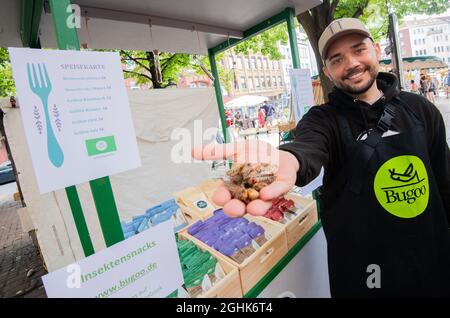 Hannover, Deutschland. August 2021. Michael Blautzik von Bugoo verkauft Insekten zum Verzehr auf dem Lindenmarkt. (Zu dpa-KORR: „am Tisch sind die Heuschrecken bereit: Würdest du Insekten essen?“) Quelle: Julian Stratenschulte/dpa/Alamy Live News Stockfoto