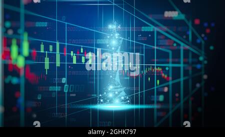 Schachspiel auf dem Schachbrett hinter Forex-Chart-Indikatoren oder Börsengraph im abstrakten Hintergrund. Geschäftskonzept zur Darstellung von Finanzinformationen Stockfoto
