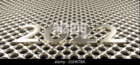 Glänzendes silbernes Metallgittermuster mit Jahr 2022 als moderner Hintergrund, 3d-Rendering Stockfoto