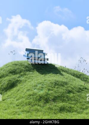 Bücherhaufen auf einem kleinen grasbewachsenen Hügel. Bildungs- oder Studienkonzept. Leben im Freien, 3d-Rendering Stockfoto