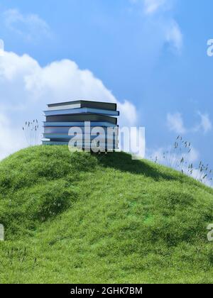 Bücherhaufen auf einem kleinen grasbewachsenen Hügel. Bildungs- oder Studienkonzept. Leben im Freien, 3d-Rendering Stockfoto