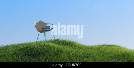 Bücherhaufen auf einem kleinen grasbewachsenen Hügel. Bildungs- oder Studienkonzept. Leben im Freien, 3d-Rendering Stockfoto