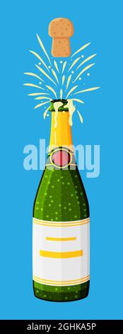 Champagnerflasche öffnet sich mit Pop und Kork fliegen. Stock Vektor