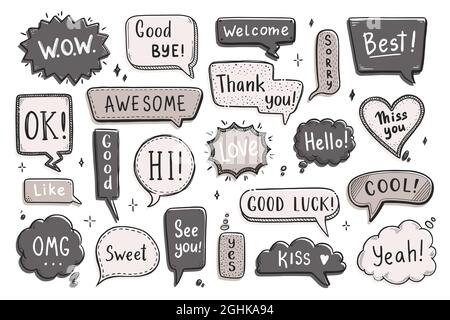 Komische Sprechblase mit Dialogwort Hi, ok, bye, Herzlich Willkommen. Handgezeichnete Skizze im Doodle-Stil. Vektordarstellung Sprechblase Chat, Nachrichtenelement. Stock Vektor