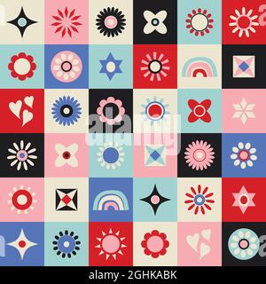 Retro abstrakten Vektor Muster Hintergrund. Witziges Vektor-Element mit Blumen, Regenbogen und dekorativen Details. Stock Vektor