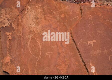 Ort der antiken Petroglyphen. Geschnitzt mit Giraffen, Pferden und anderen Tieren. Der versteinerte Wald und das Weltkulturerbe Twyfelfontein (ǀUi-ǁA Stockfoto