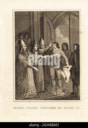 König Heinrich III. Gab 1225 die Magna Carta und die Charta des Waldes wieder auf, bezeugt von Erzbischöfen, Bischöfen und Äbten. Magna Charta bestätigt von Henry III. Kupferstich aus M. A. Jones’ History of England von Julius Caesar bis George IV., G. Virtue, 26 Ivy Lane, London, 1836. Stockfoto