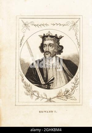 Porträt von König Edward I. von England. Mit Bart, Krone, Schwert und Mantel. Edward Longshanks oder der Hammer der Schotten., 1239-1307. Kupferstich aus M. A. Jones’ History of England von Julius Caesar bis George IV., G. Virtue, 26 Ivy Lane, London, 1836. Stockfoto